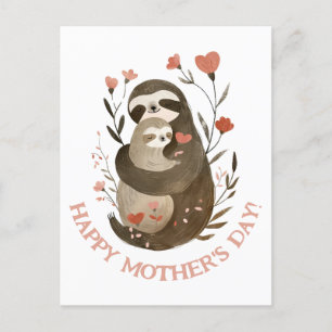 Cartão Postal Watercolor Mama Sloth & Baby Happy Dia de as mães