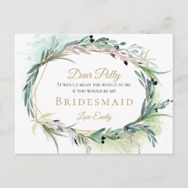 Cartão Postal Watercolor Olive Leaf Greenery Bridesmaid Pedido d