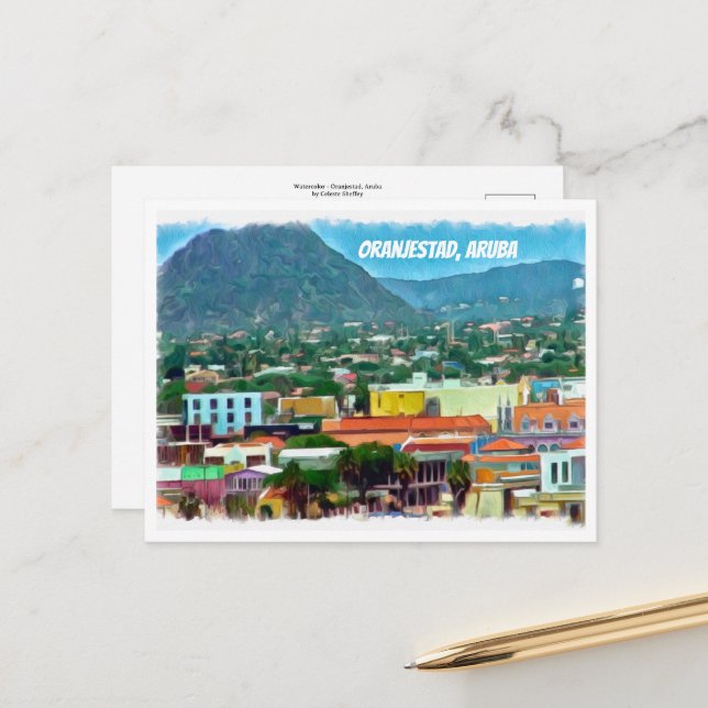 Cartão Postal Watercolor Oranjestad, Aruba (Frente/Verso In Situ)