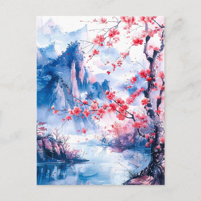 Cartão Postal Watercolor painting chinese mountain sakura (Frente)