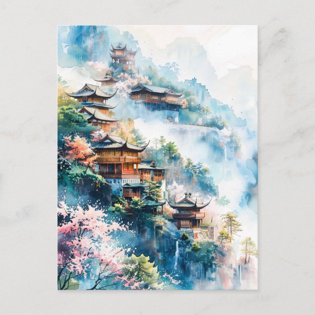 Cartão Postal Watercolor painting of Chinese temples  (Frente)