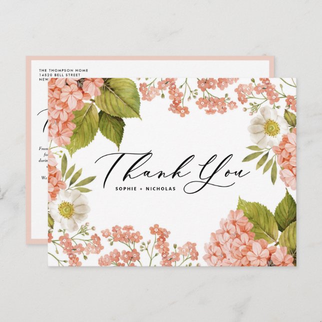 Cartão Postal Watercolor Peach Hydrangea Casamento Obrigado (Frente/Verso)