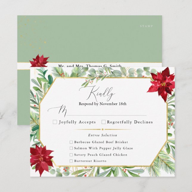 Cartão Postal Watercolor Poinsettia Holiday Wedding RSVP (Frente/Verso)