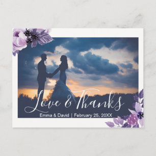 Cartão Postal Watercolor Purple Floral Casamento Foto Obrigado