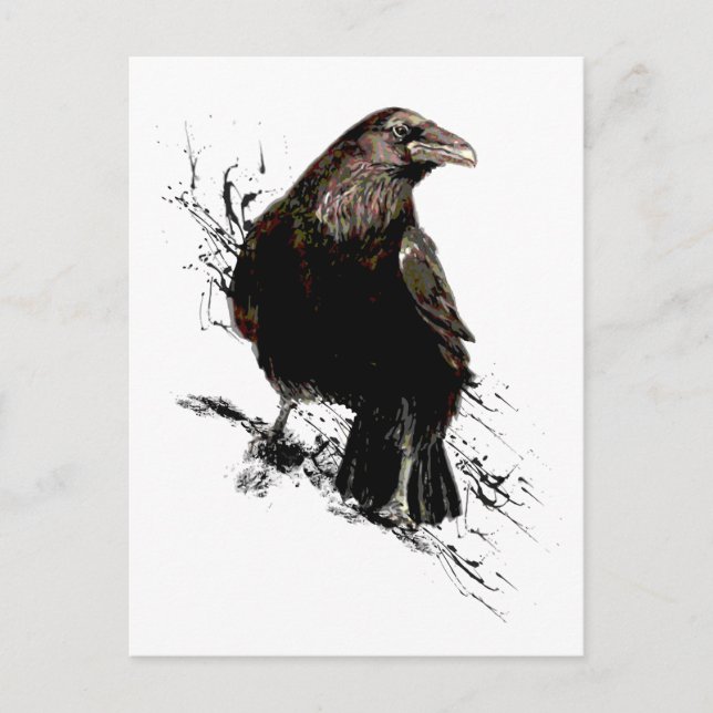 Cartão Postal Watercolor Raven Bird Art (Frente)