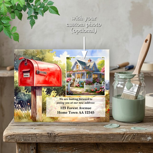 Cartão Postal Watercolor Red Mailbox New Home Moving (Rustic watercolor country red mailbox relocation or new home announcement postcard)