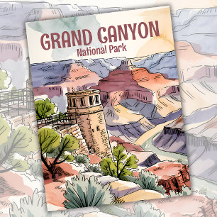 Cartão Postal Watercolor Retro Grand Canyon Desert Watchtower