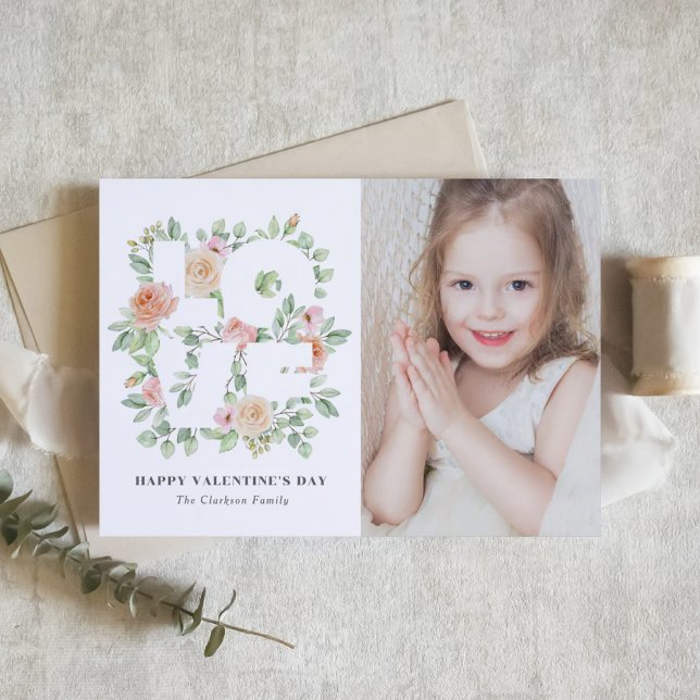 Cartão Postal Watercolor Rose and Greenery Photo Valentine's Day (Criador carregado)