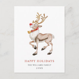 Cartão Postal Watercolor Rudolf Reindeer Feliz Feriado de Natal