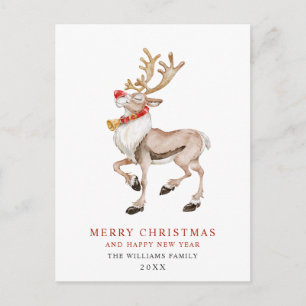 Cartão Postal Watercolor Rudolf Reindeer Feliz Feriado de Natal