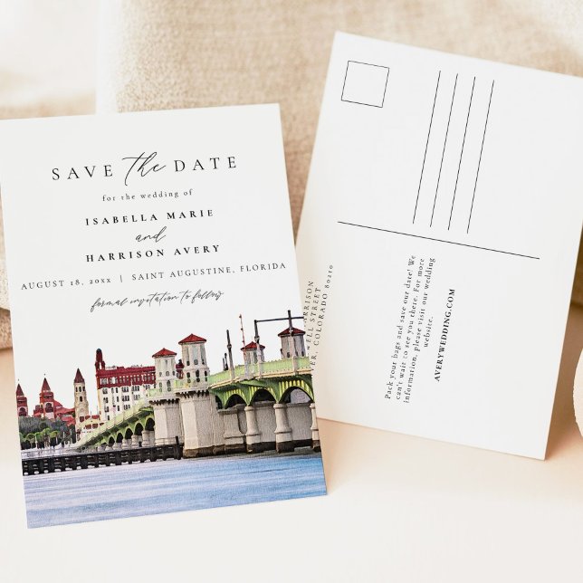 Cartão Postal Watercolor Santo Augustine Florida Skyline Beach (Criador carregado)