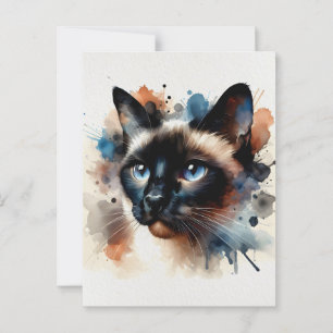 Cartão Postal Watercolor, Siamese, Retrato Colorido de Gato