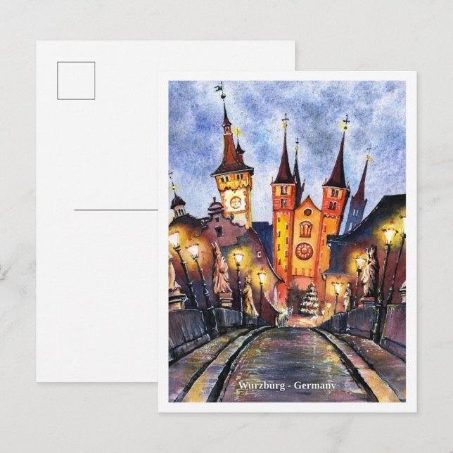 Cartão Postal Watercolor Sketch old main bridge Wurzburg Germany (Frente/Verso)