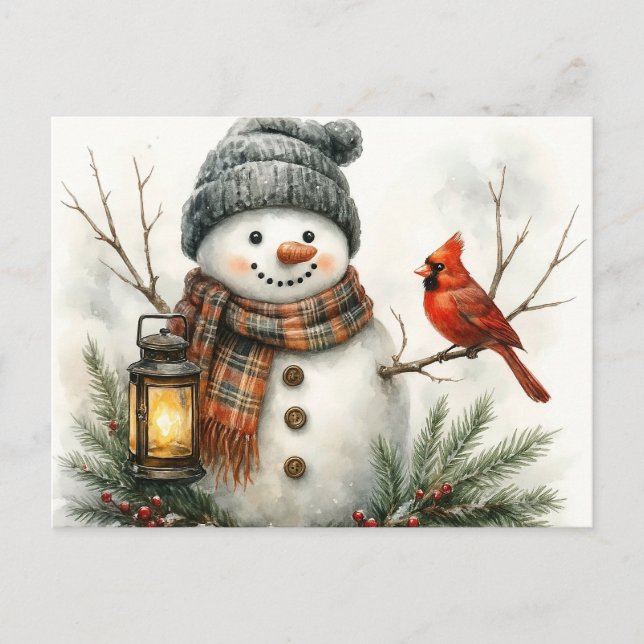 Cartão Postal Watercolor Snowman Christmas Card – Lantern & Card (Frente)