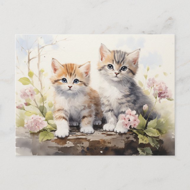 Cartão Postal Watercolor Springtime Kittens Rosa Alemães (Frente)