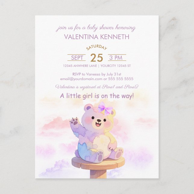 Cartão Postal Watercolor Teddy Bear Girl Baby Shower Invitation (Frente)