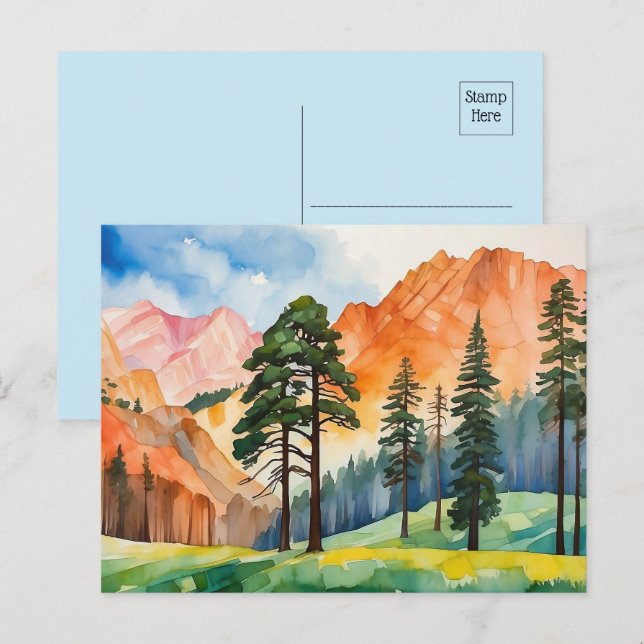 Cartão Postal Watercolor Tranquil Montanhas Springtime (Frente/Verso)