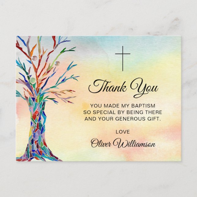Cartão Postal Watercolor Tree Baptism Christening Obrigado (Frente)