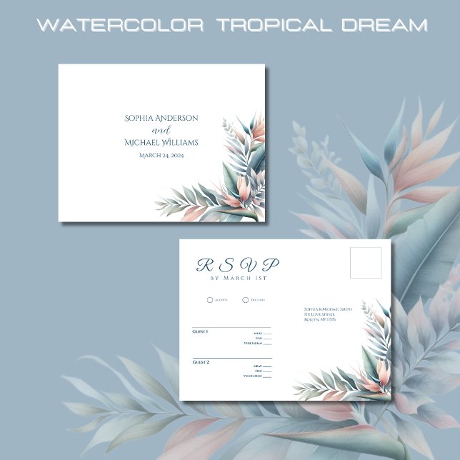 Cartão Postal Watercolor Tropical Dream-Weding RSVP- (Watercolor Tropical Dream Wedding RSVP Postcard-Coastal-Pastel Colors)