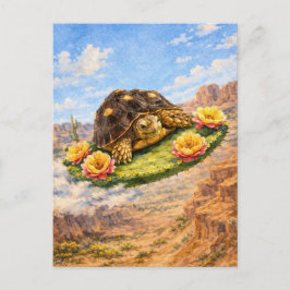 Cartão Postal Watercolor Turtle flying on a magic cactus pad