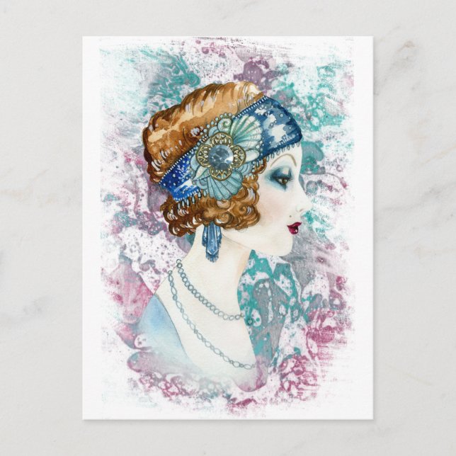Cartão Postal Watercolor Twenties Art deco flapper (Frente)