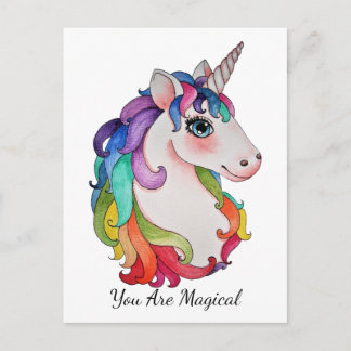 Cartão Postal Watercolor Unicorn Com Cabelo Arco-Íris