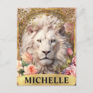 Cartão Postal Watercolor Vintage White Lion e Rosas Rosa