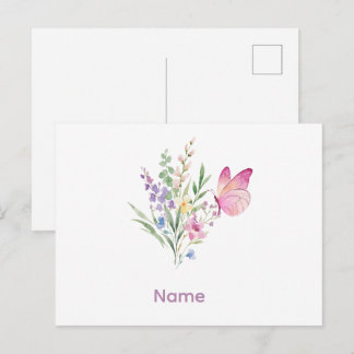 Cartão Postal Watercolor Wildflower Bouquet with Pink Butterfly
