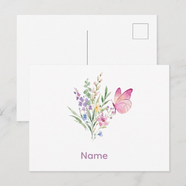Cartão Postal Watercolor Wildflower Bouquet with Pink Butterfly (Frente/Verso)