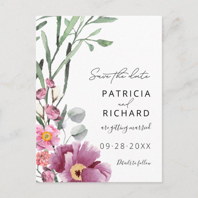 Cartão Postal Watercolor Wildflower Weding A Data (Frente)