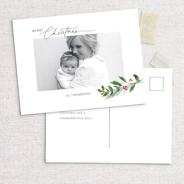 Cartão Postal Watercolor Winter Greenery Foto de Natal Moderno (Criador carregado)