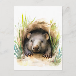 Cartão Postal Watercolor Wombat Peeking a partir de Burrow
