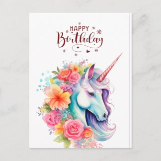 Cartão Postal Watercolour Unicorn Floral Happy Birthday PostCard