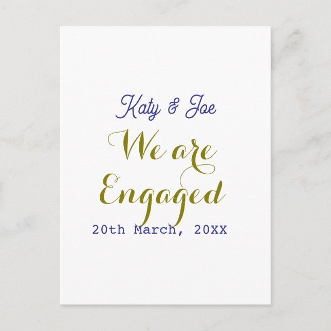Cartão Postal We are Engaged purple gold name date elegant simpl (Frente)