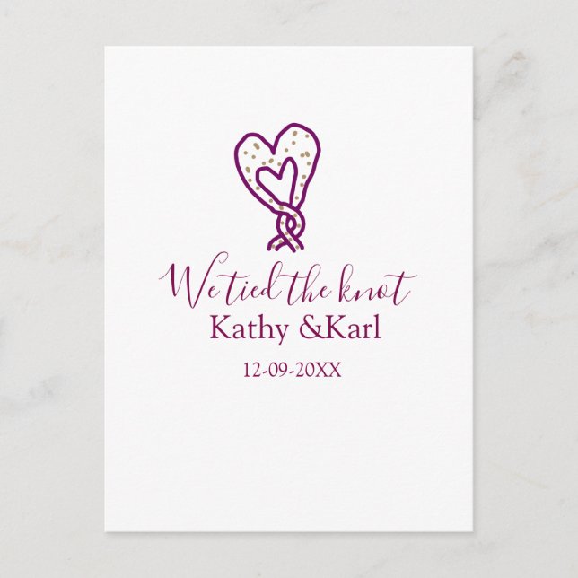 Cartão Postal We tied the knot pink heart knots name date romant (Frente)