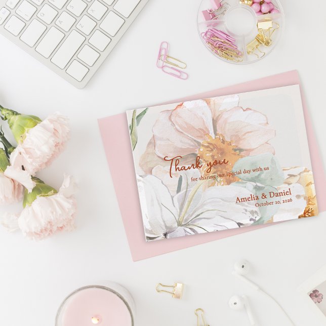 Cartão Postal Wedding Thank You Card | Blush Peach Floral (Floral Wedding Thank You Card | Blush Peach Watercolor Flowers)