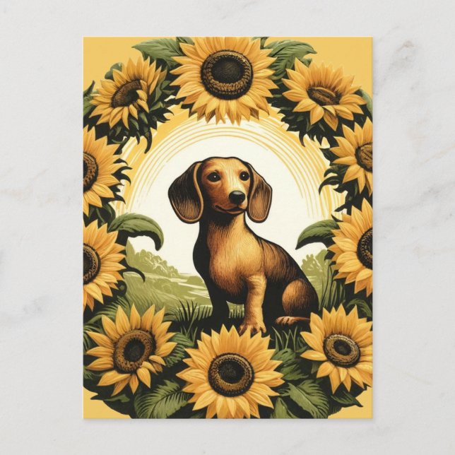 Cartão Postal Weiner Dachshund Art Sunflower (Frente)