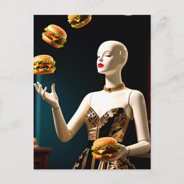 Cartão Postal Weird Mannequin with Cheeseburgers (Frente)