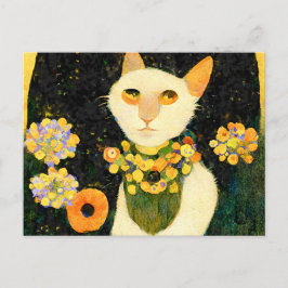 Cartão Postal Weiße Katze mit Blumen. Jugendstil gemalt.
