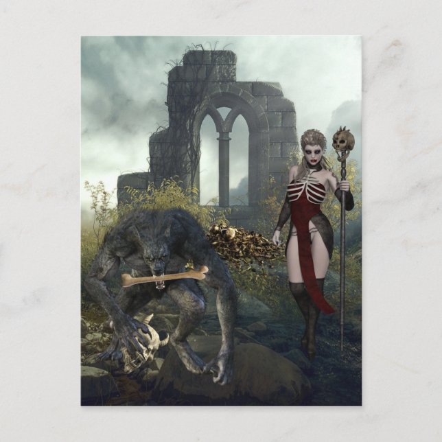 Cartão Postal Werewolf e Vampiro no Assustador do Halloween (Frente)
