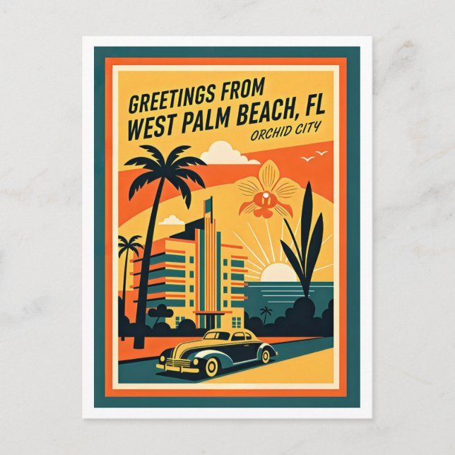 Cartão Postal West Palm Beach Florida Retro Travel (Frente)