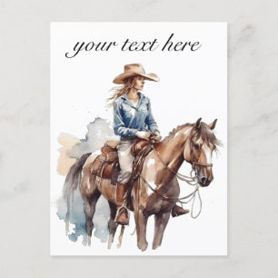 Cartão Postal Western Watercolor Brunette Cowgirl, personalizada