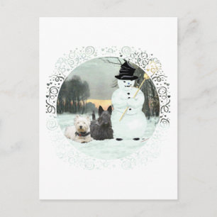 Cartão Postal Westie & Scottie Constroem um Boneco de Neve