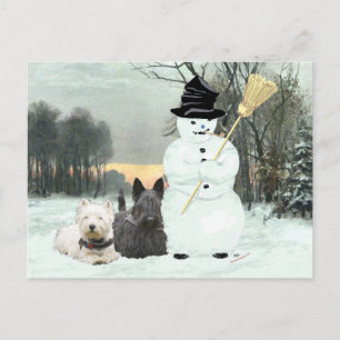 Cartão Postal Westie & Scottie Constroem um Boneco de Neve