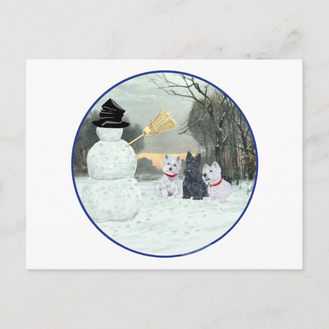 Cartão Postal Westies e Scottie com Boneco de Neve (Frente)