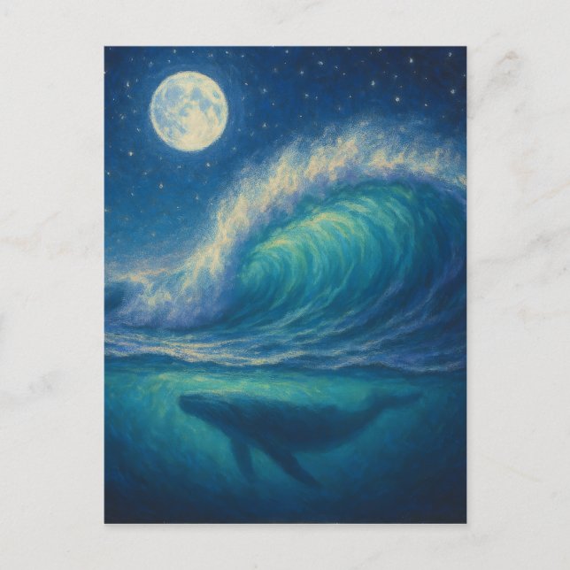 Cartão Postal Whale Beneath Moonlit Wave - Pastel Painting Style (Frente)