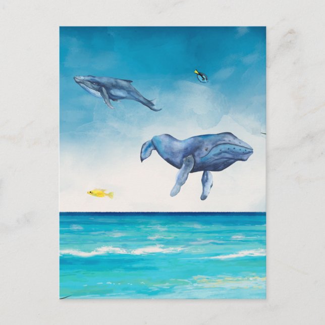 Cartão Postal Whales Fantasy Beach Sea Watercolor (Frente)