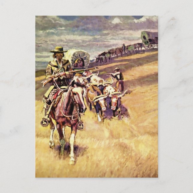 Cartão Postal "When Wagon Trains Where Dim", por Charles M Russe (Frente)