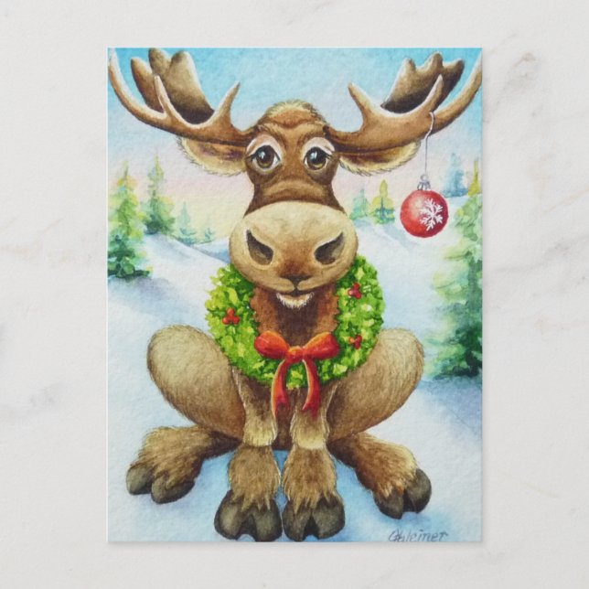 Cartão Postal Whimical Winter Christmas Moose Watercolor Art (Frente)