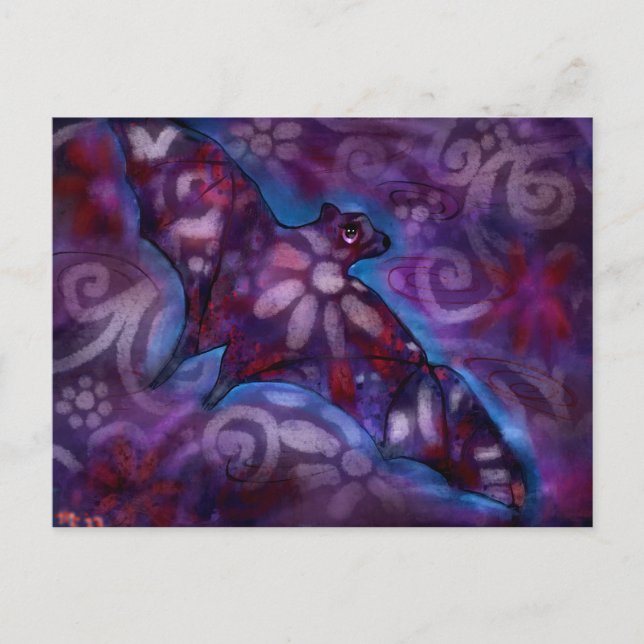 Cartão Postal Whimsan Halloween Bat Abstrato Purple Blue (Frente)